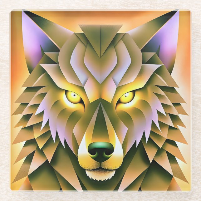 Geometric Wolf Illustration Animal Design Glass Coaster (Front)