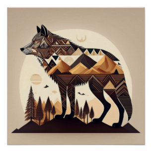 Geometric Wolf Mountain Scene Design Poster