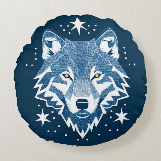 Geometric Wolf With Stars Mystical Decor 🐺 Round Cushion (Front)