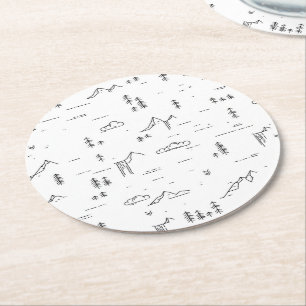 Geometric Woodland Lines Landscape Pattern Round Paper Coaster