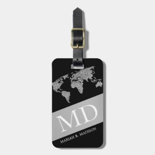 Geometric World Traveller map Silver metal Monogra Luggage Tag