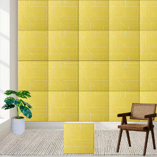 Geometric Yellow and White Line Pattern  Ceramic Tile