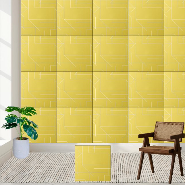 Geometric Yellow and White Line Pattern  Ceramic Tile (Geometric Yellow and White Line Pattern Ceramic Tile)