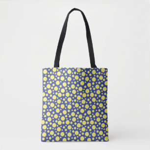 Geometric yellow circles on blue tote bag