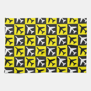 Geometric Yellow Flying Jets Aeroplane Tea Towel