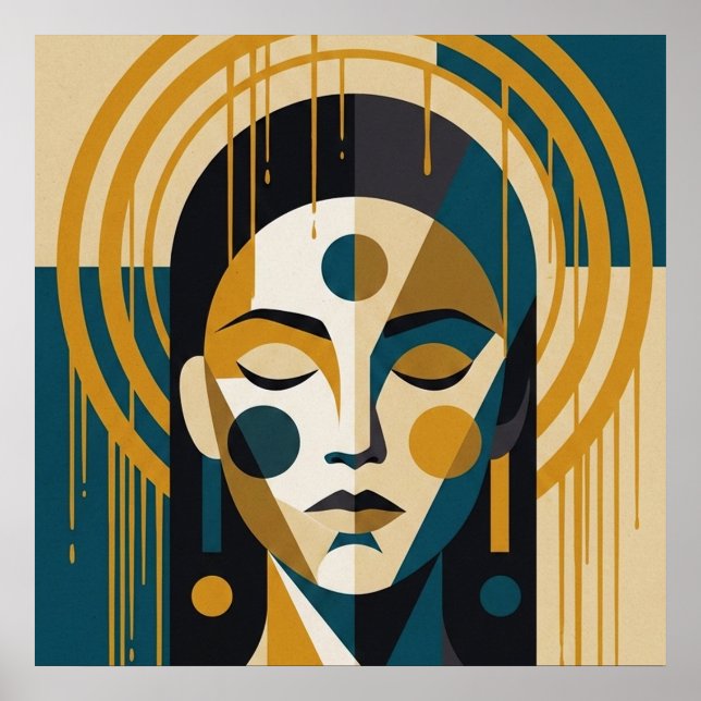 Geometric Zen Portrait in Teal and Ochre Poster (Front)