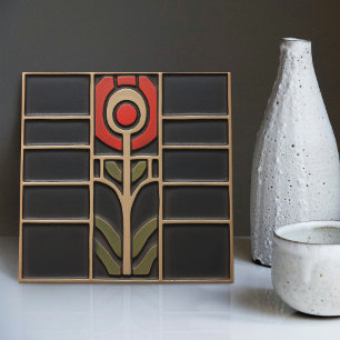 Geometrical Abstract Orange Flower Mid-Century Ceramic Tile