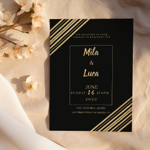 Geometrical black gold typography Wedding Invitation