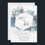Geometrical Blue Watercolor and Blue Foliage Save The Date<br><div class="desc">Elegant and Unique geometrical Wedding (or other event) Save the Date with delicate blue watercolor wash on the background, exquisite floral bouquets encasing geometrical golden frame and use of modern hand written calligraphy. Foliage and flowers in dusty blue, navy blue, white, grey and sage tones. Back in blue watercolor wash....</div>