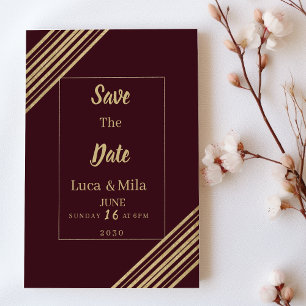 Geometrical burgundy gold typo Save the Date Invitation