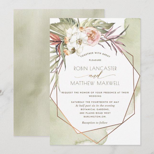 Geometrical Green Tropical Leaves Wedding Invitation (Front/Back)