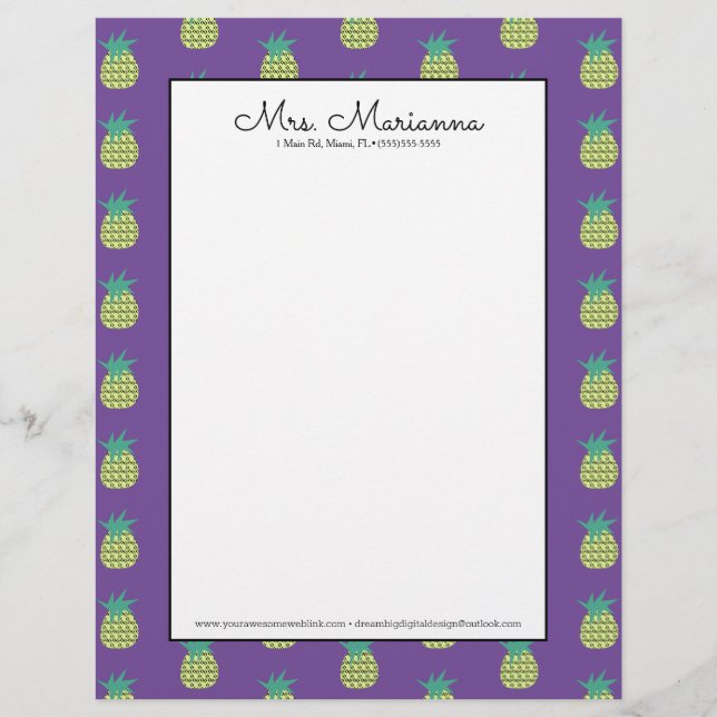 Geometrical Neon Pineapple Summer Pattern Custom Letterhead (Front)