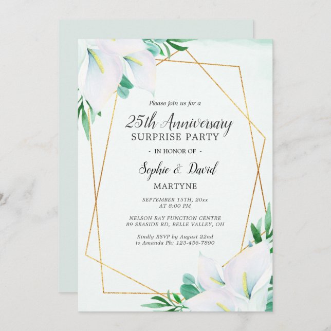 Geometrical White Calla Lily 25th Anniversary Invitation (Front/Back)