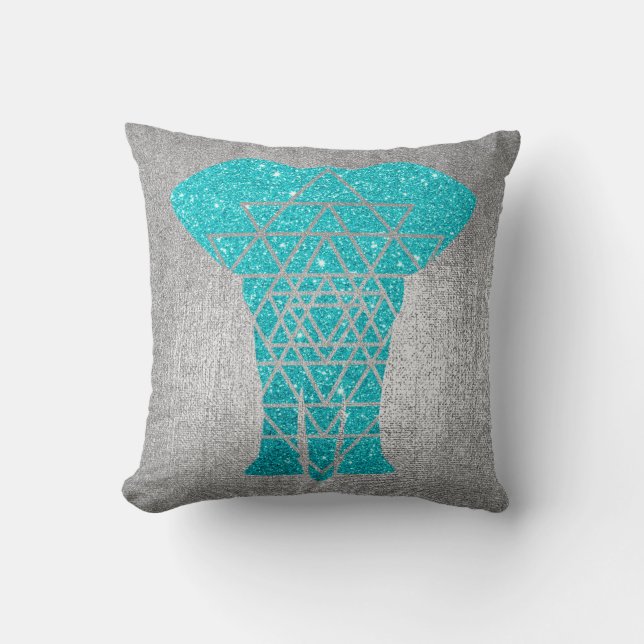 Geometry Grey Silver Ocean Glitter Elephant Cushion (Front)