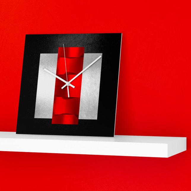 Geometry Modern Red Gray Silver Black Italian VIP Square Wall Clock (Creator Uploaded)