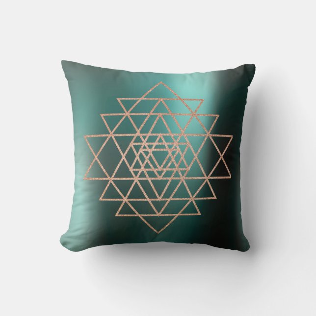 Geometry Peach Pink Rose Gold Triangles Teal Cushion (Front)