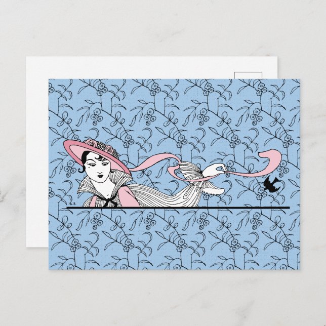 Georges Barbier 1920s Fashion Lady and Bird Postcard (Front/Back)