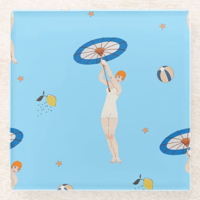 Georges Barbier Au Lido 1924 Fashion Illustration Glass Coaster (Front)