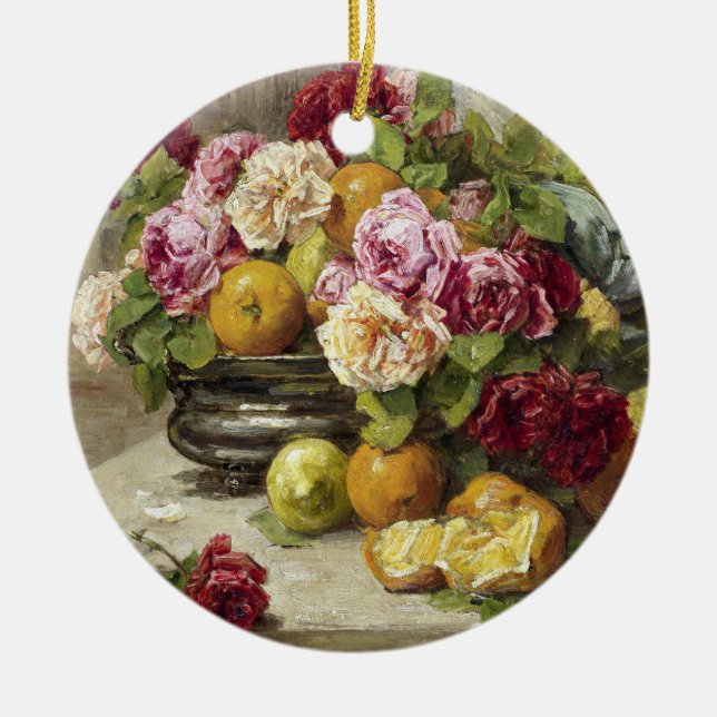 Georges Jeannin Still Life of Roses and Fruit Ceramic Ornament (Front)