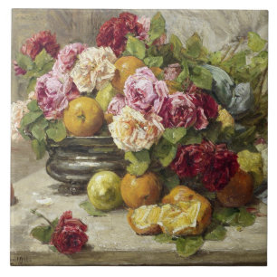 Georges Jeannin Still Life of Roses and Fruit Ceramic Tile