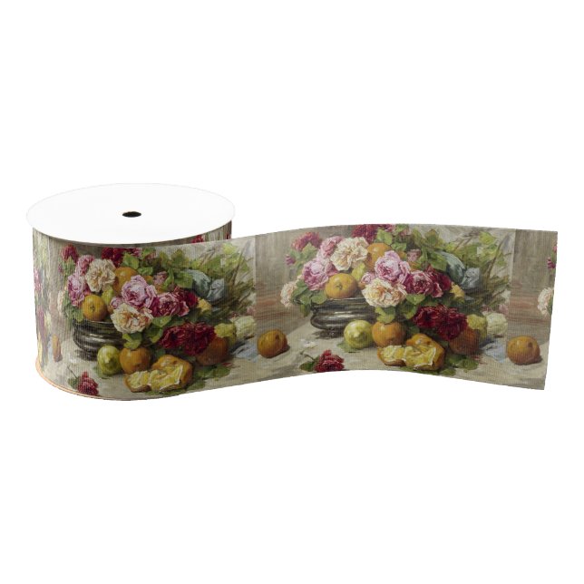 Georges Jeannin Still Life of Roses and Fruit Grosgrain Ribbon (Spool)