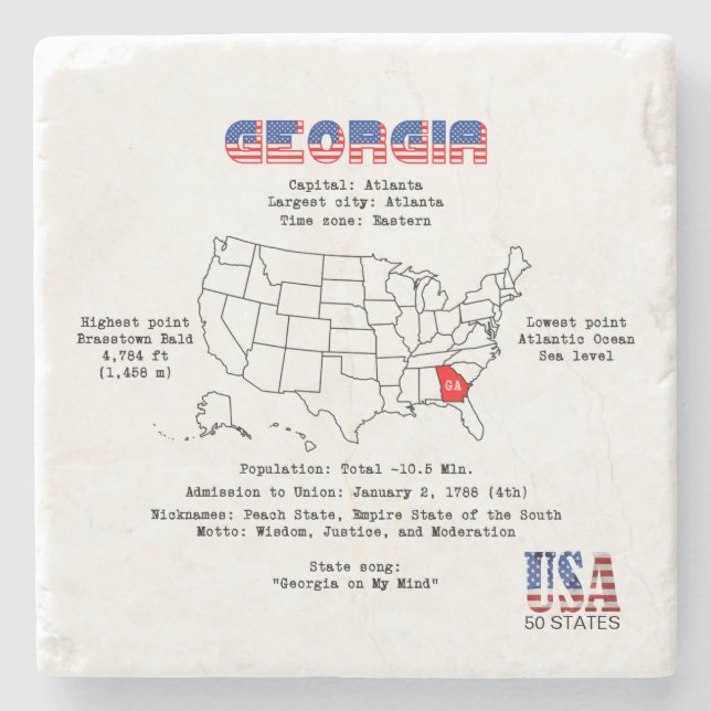 Georgia American state on a map and useful info Stone Coaster (Front)