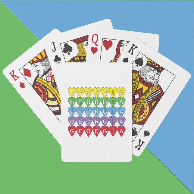 Georgia Colourful Hearts Playing Cards (A deck of playing cards that say Georgia inside yellow, green, blue, purple and red hearts.)