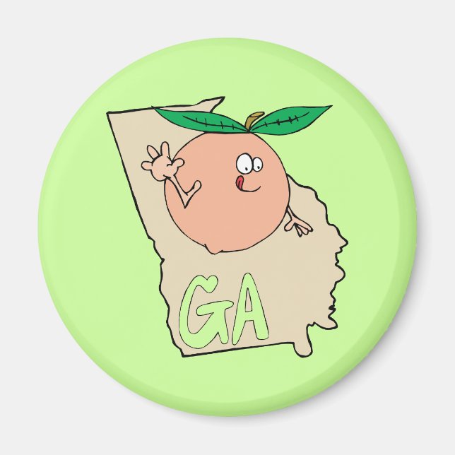 Georgia GA Cartoon Map with funny smiling peach Magnet (Front)