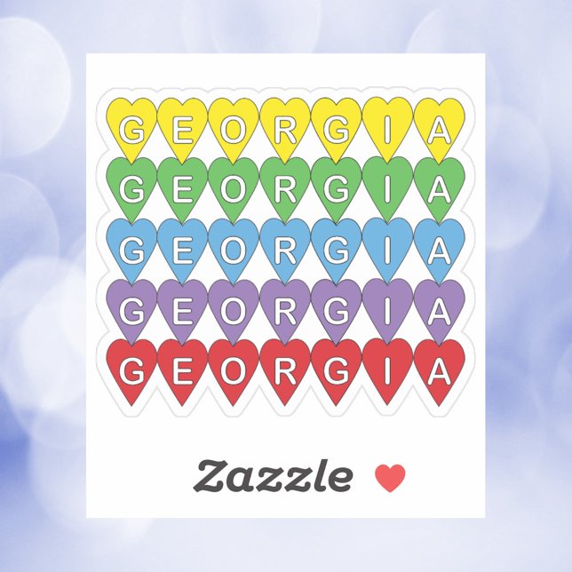 Georgia Heart Pattern Rainbow (A die cut sticker that says Georgia in yellow, green, blue, purple and red hearts.)