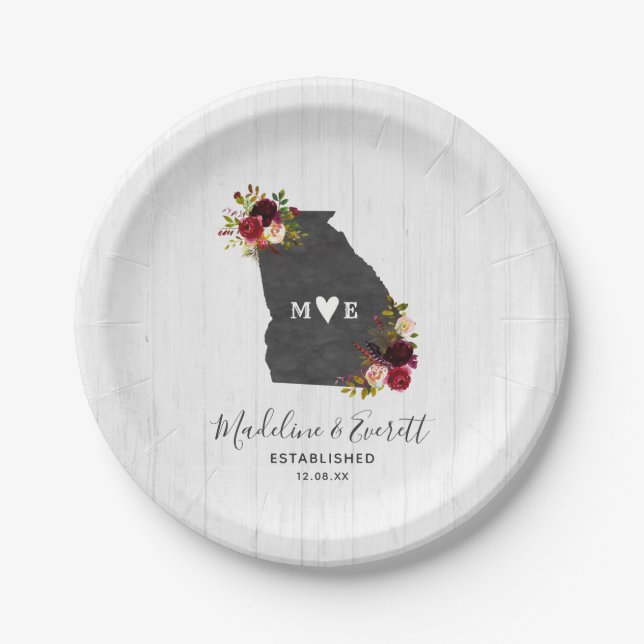 Georgia State Destination Wedding Monogram Paper Plate (Front)