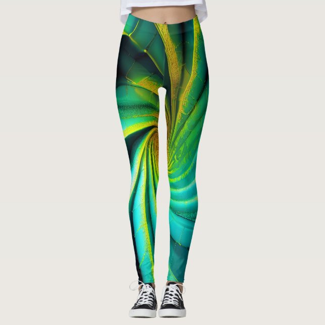 "GeoVibe: Green & Yellow Fusion Leggings" Leggings (Front)