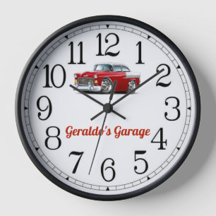 Geraldo's Garage Red & White Classic Car Clock