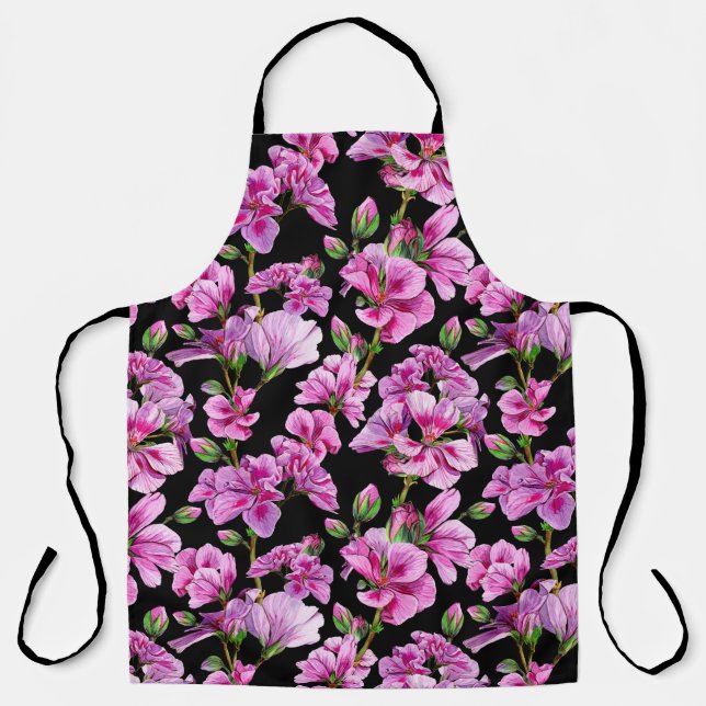 Geranium branches, watercolor pink buds. apron (Front)