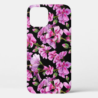 Geranium branches, watercolor pink buds. iPhone 12 case