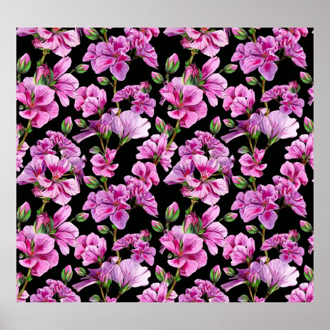 Geranium branches, watercolor pink buds. poster (Front)