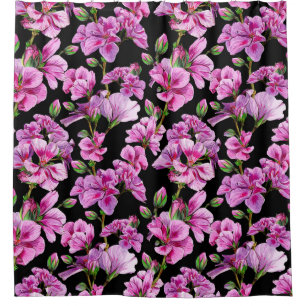 Geranium branches, watercolor pink buds. shower curtain