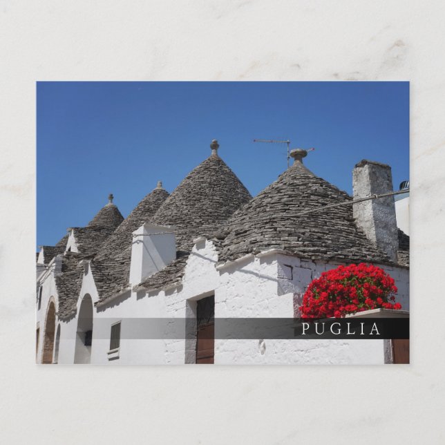 Geranium flowers and trulli houses in Alberobello Postcard (Front)