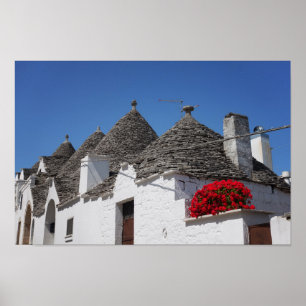 Geranium flowers and trulli houses in Alberobello Poster