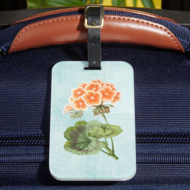 Geranium on Aged Denim Luggage Tag (Front Insitu 2)