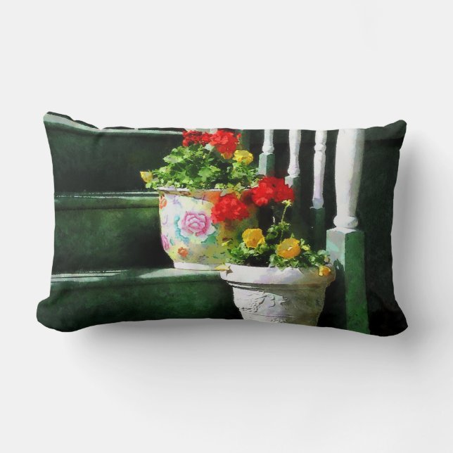 Geraniums and Pansies on Steps Lumbar Cushion (Front)
