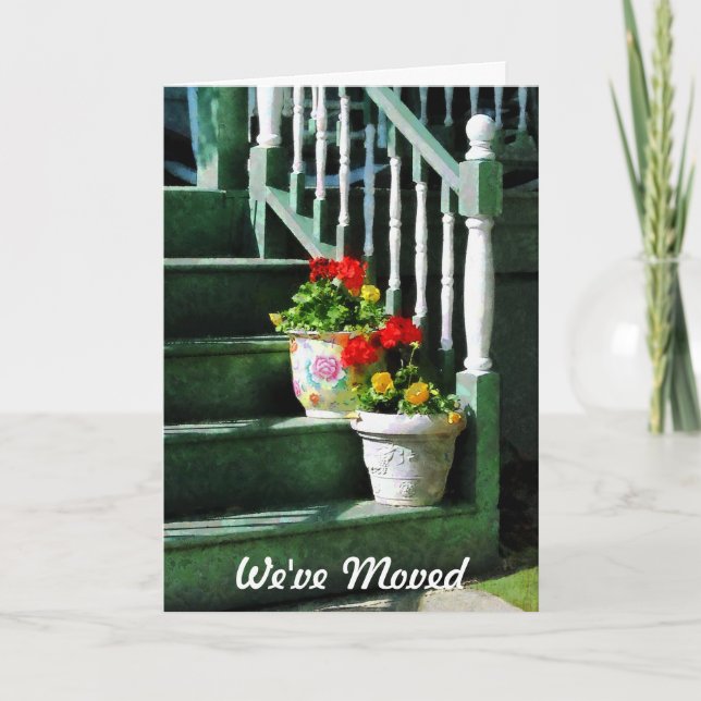 Geraniums and Pansies on Steps - We've Moved Card (Front)