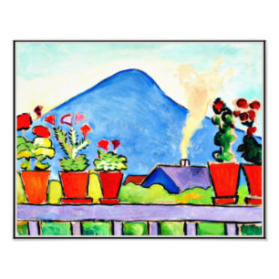 Geraniums Before Blue Mountain, colorful painting Photo Print