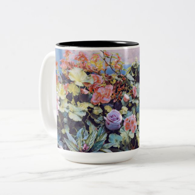 GERANIUMS,BEGONIAS AND ROSE Two-Tone COFFEE MUG (Front Left)