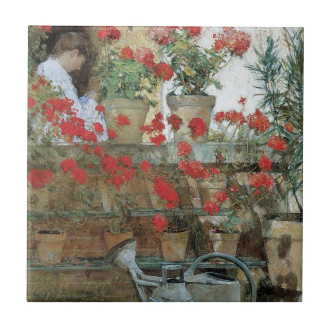 Geraniums by Childe Hassam, Vintage Impressionism Ceramic Tile (Front)