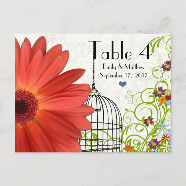 Gerber Daisy Bird Cage Flower Swirl Number Card (Front)
