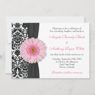 Gerber Daisy Pale Pink Black White Damask Wedding Invitation