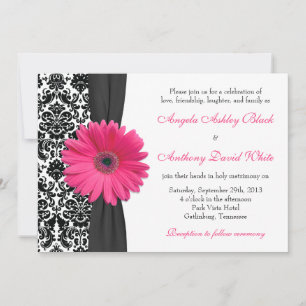 Gerber Daisy Pink Black White Damask Wedding Invitation