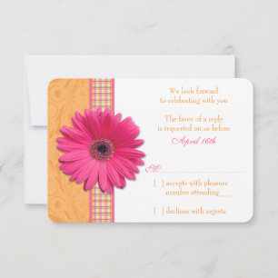 Gerber Daisy Pink Orange Plaid Wedding RSVP Reply Card