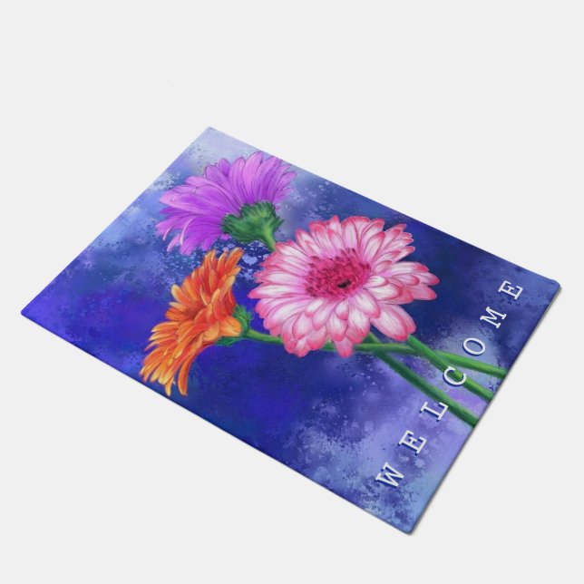 Gerbera Daisies Doormat Welcome (Angled)