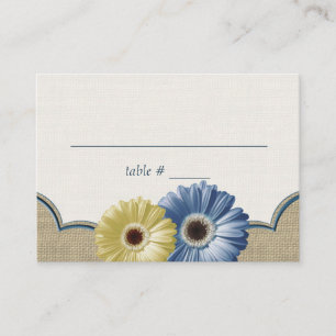 Gerbera Daisy and Burlap Blue and Yellow Seating Place Card